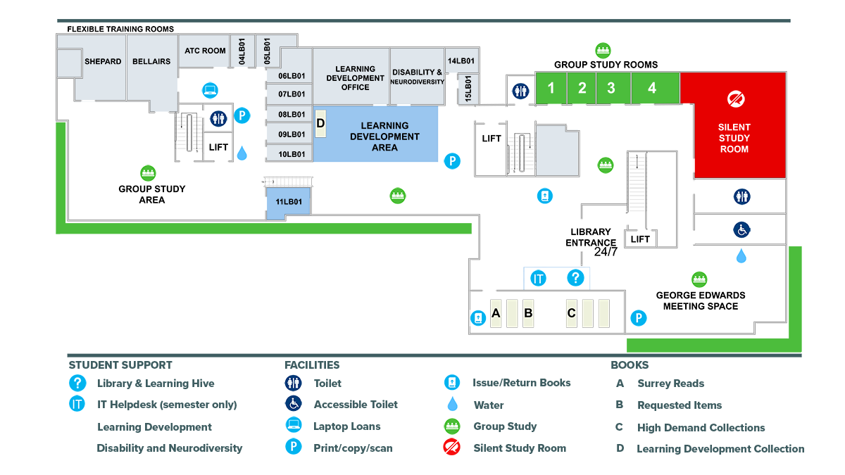 Library Floor plan of Level 1. Including Group study areas throughout, Shepard and Bellair training rooms at top left. Laptop loan lockers behind green lift and stairs, Learning Support area, Library and Learning Hive and IT support beside main entrance, Group Study Rooms 1-4, Silent Study room at top right, George Edwards Meeting Space at bottom right.