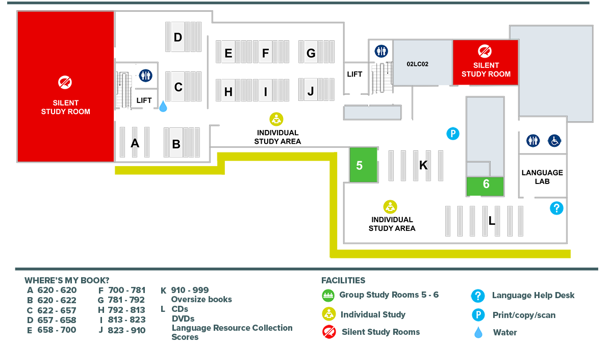 Floorplan of Level 2 of the Library, including Silent Study Rooms at either end, Books 620 - 999, CDs, DVDs, Language Resources, Scores, Group Study Rooms 5 and 6, Individual Study areas