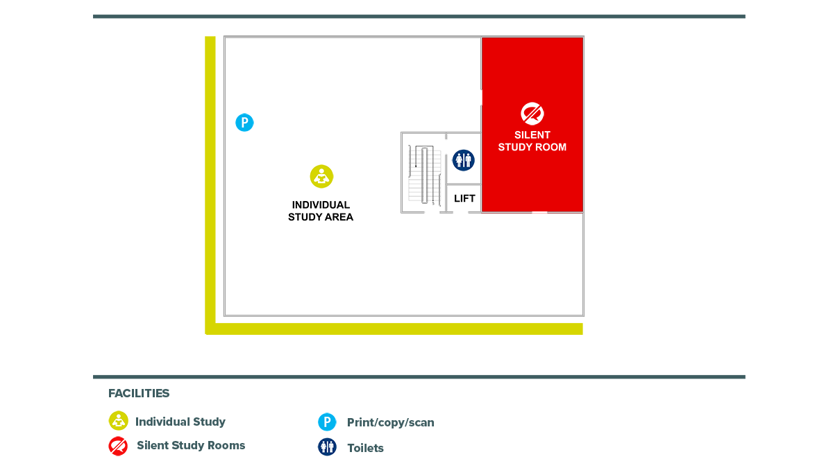 Floorplan of Level 3 of the Library, including individual study area, and Silent study room