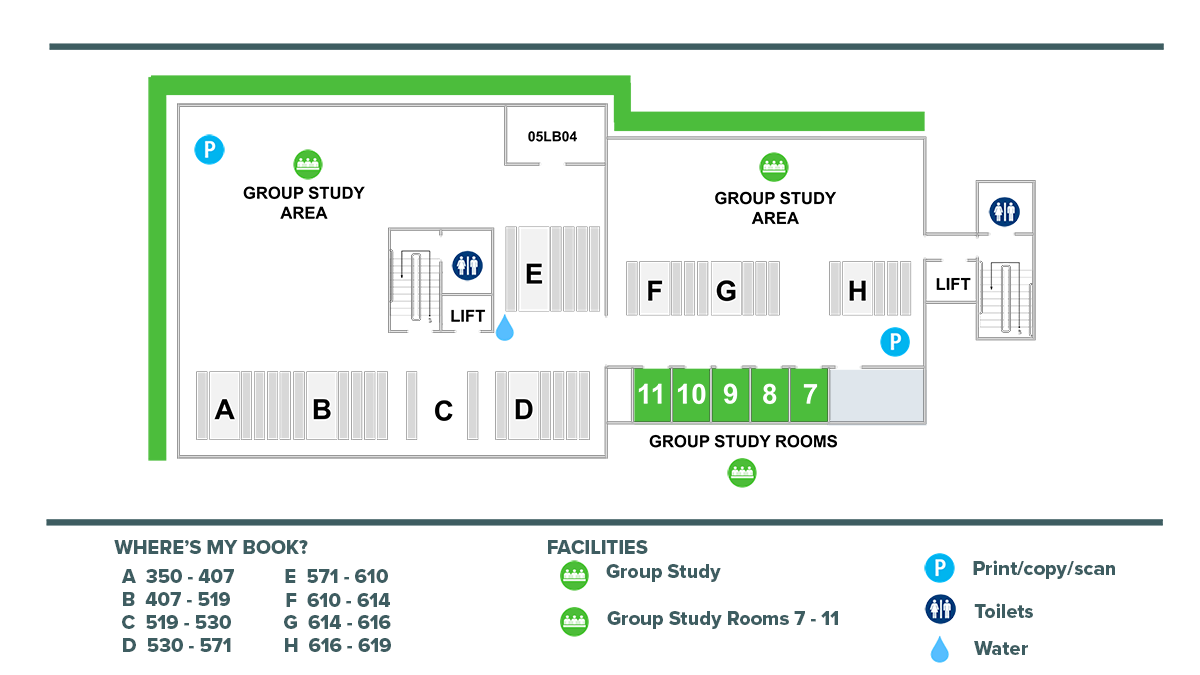 Floorplan of Level 4 of the Library, including Group study areas, Group Study Rooms 7 to 11, Printers, Water, and Books 350 - 619
