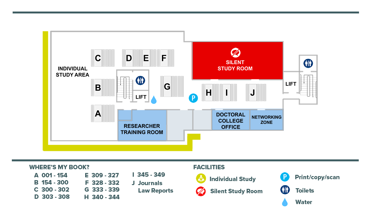 Floorplan of Level 5 of the Library, including Individual study area, Silent Study room, printer, water, Books 001 - 349, journals and law reports