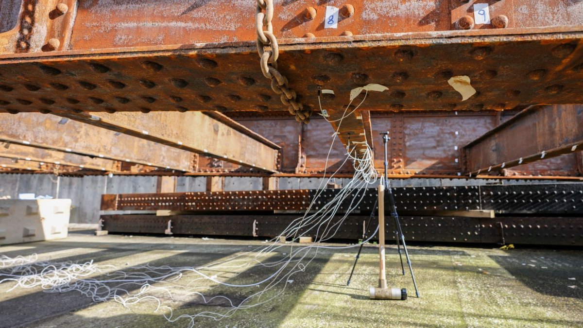 Section of railway bridge being tested with sensors