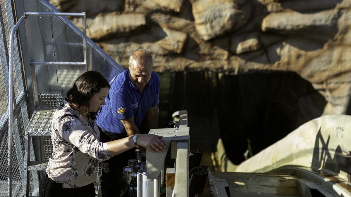 Two civil engineers stand on a platform testing a rollercoaster.