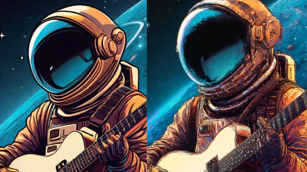 Side by side comparison of two AI generated images of astronauts playing a guitar in space. The one by DemoFusion on the right is much more detailed