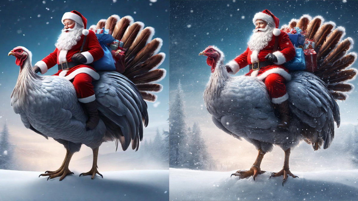 Side by side comparison of two images of santa claus generated by AI. On the right, DemoFusion's image is much more detailed, with individual snowflakes visible. 