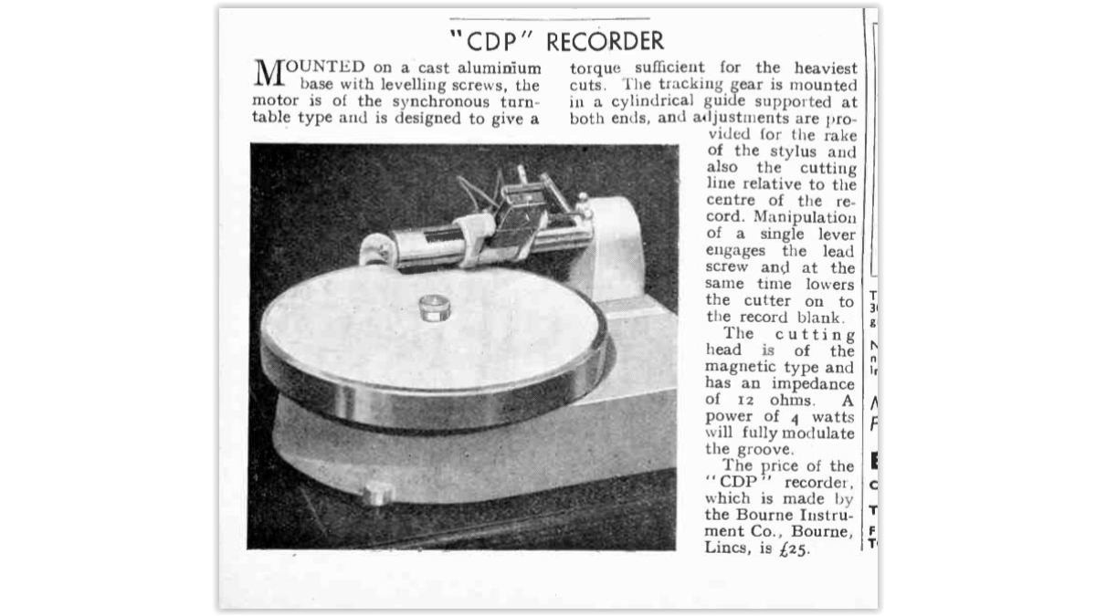 A 1946 in Wireless World advert for the Bourne CDP recorder 
