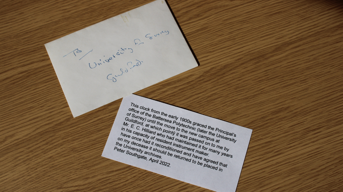 A note from Peter upon donating both clocks back to the Univeristy