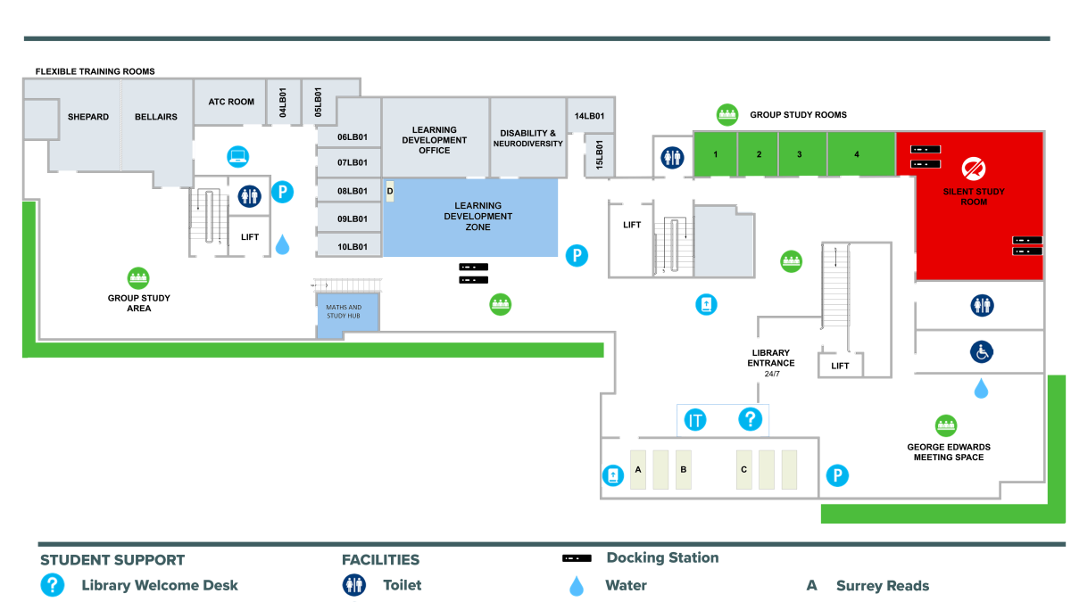 Plan showing level 1 of the Library, including entrance, help desk, silent and group study areas, training rooms, learning development and disability and neurodiversity
