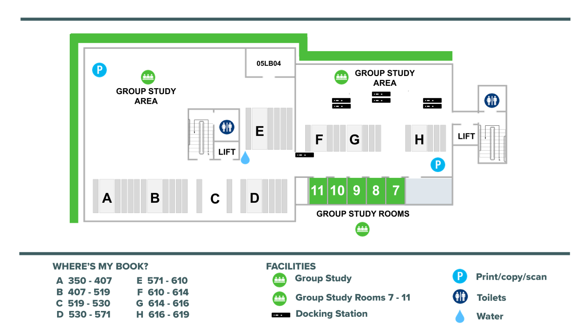Plan showing level 4 of the Library, including group study area, and group study rooms