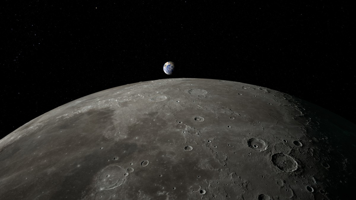 Planet Earth rising over the surface of the Moon in the distance
