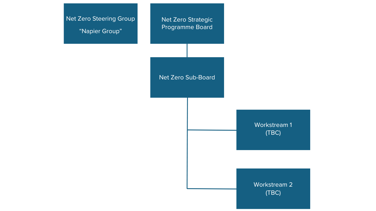 Table detailing Net Zero Programme Board Structure including: steering group, strategic board, sub-board and workstreams 1+2