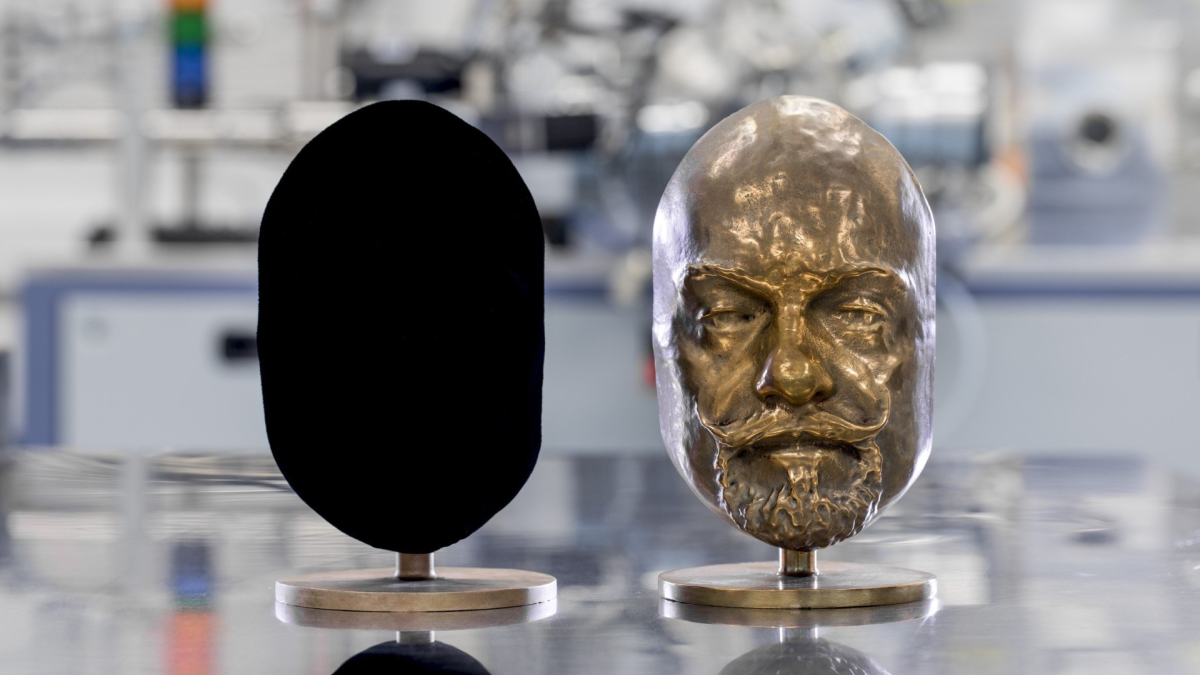 Two identical bronze casts - one has been coated with Vantablack® 310 