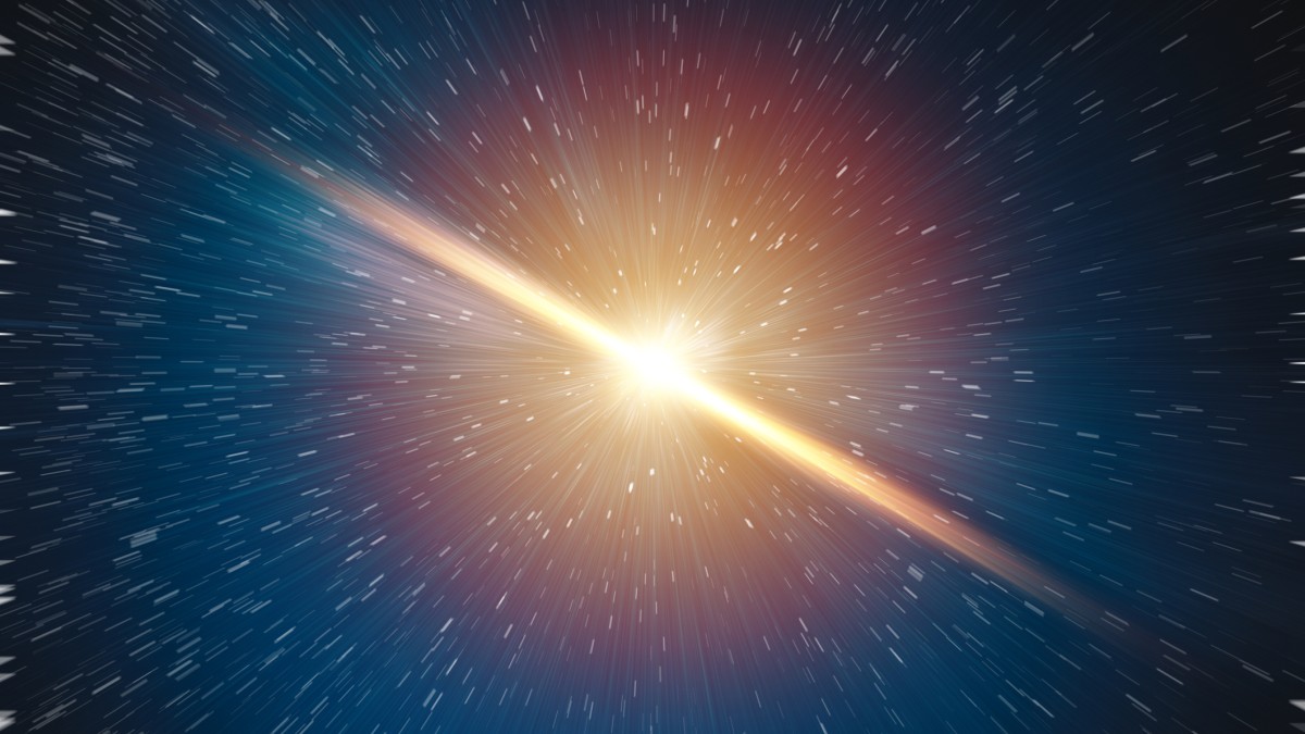 A star mid explosion with a line of white light through it