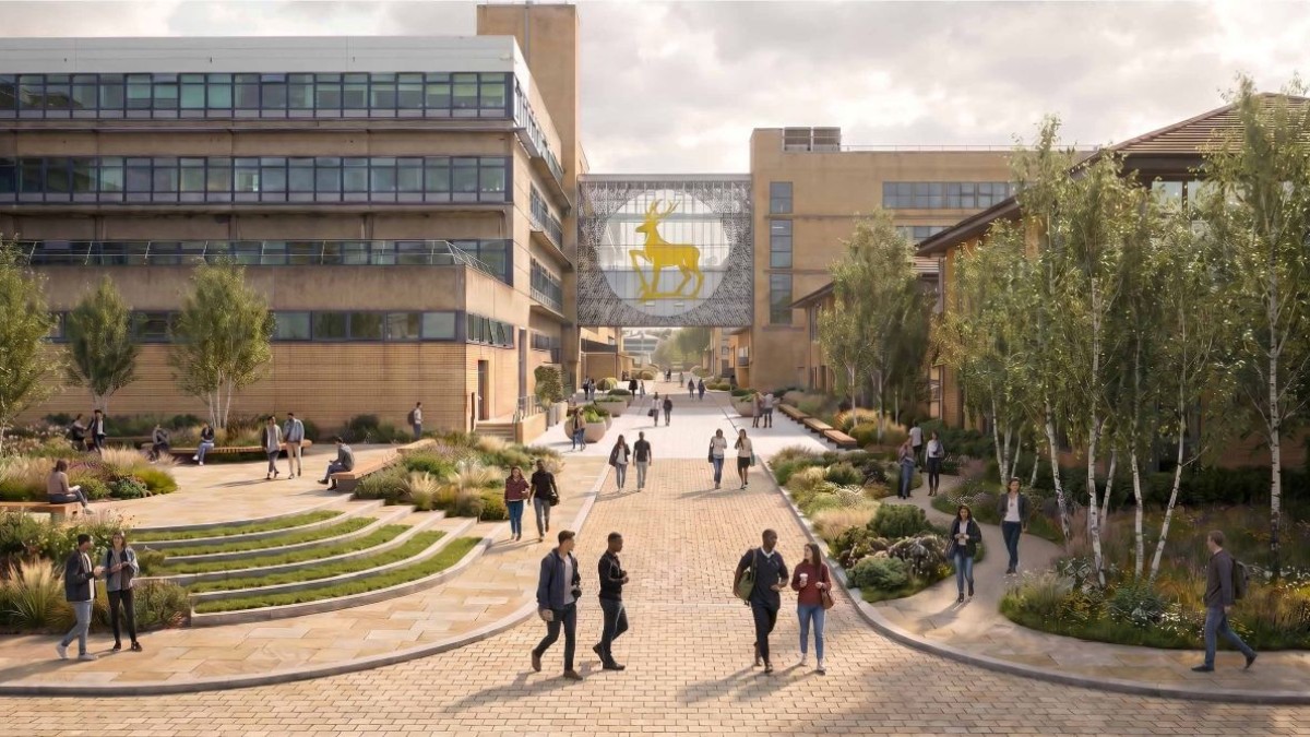 Artist’s impression of proposed developments at the University of Surrey, showing a wide pedestrianised campus route lined with trees, planting, seating areas and modern buildings, with people walking and gathering throughout the space.Artist’s impression of proposed developments at the University of Surrey, showing a wide pedestrianised campus route lined with trees, planting, seating areas and modern buildings, with people walking and gathering throughout the space.