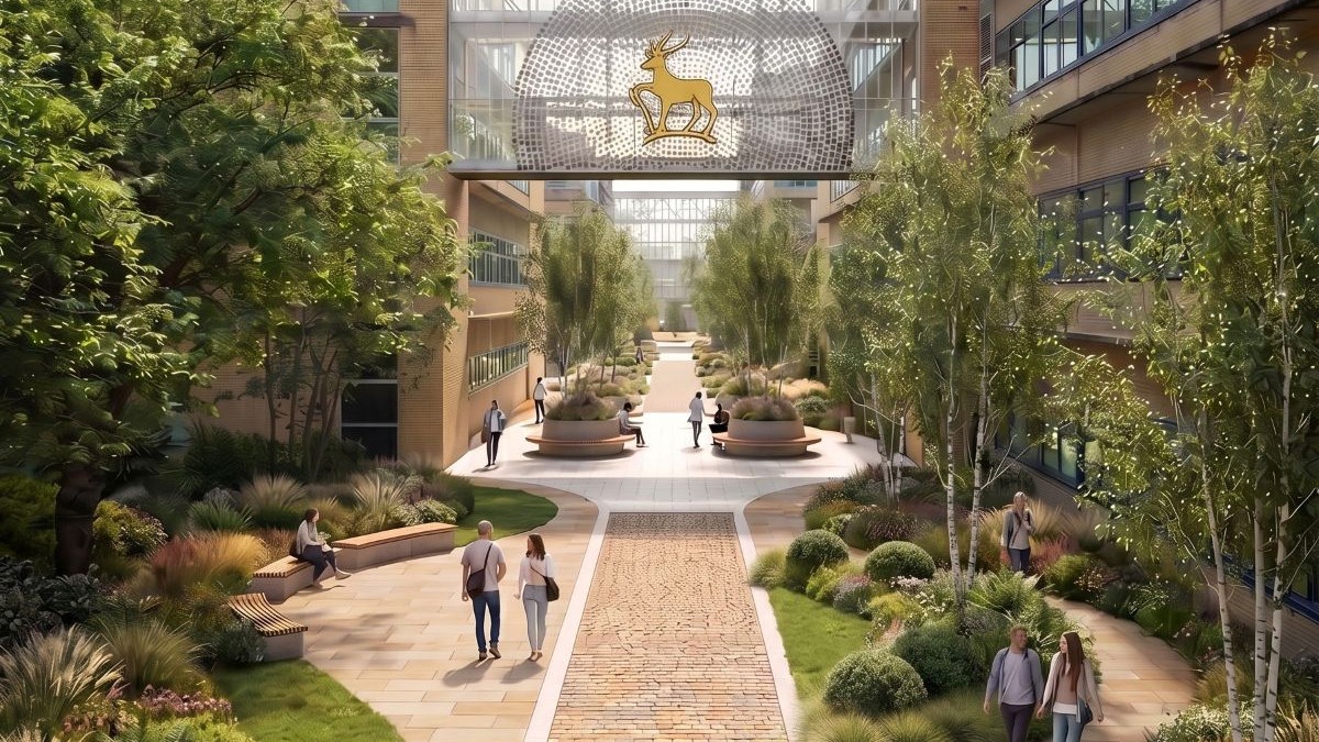 Artist’s impression of proposed University of Surrey campus developments showing a green, pedestrian-friendly walkway between academic buildings, with extensive planting, outdoor seating and people using the space.