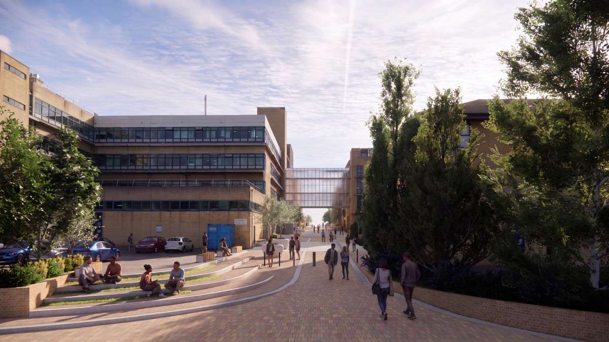 Architectural CGI of a new east entrance to a university campus, showing a tree-lined pedestrian boulevard with stepped seating, surrounding academic buildings connected by a glass walkway, and people moving through a landscaped public space in daylight.