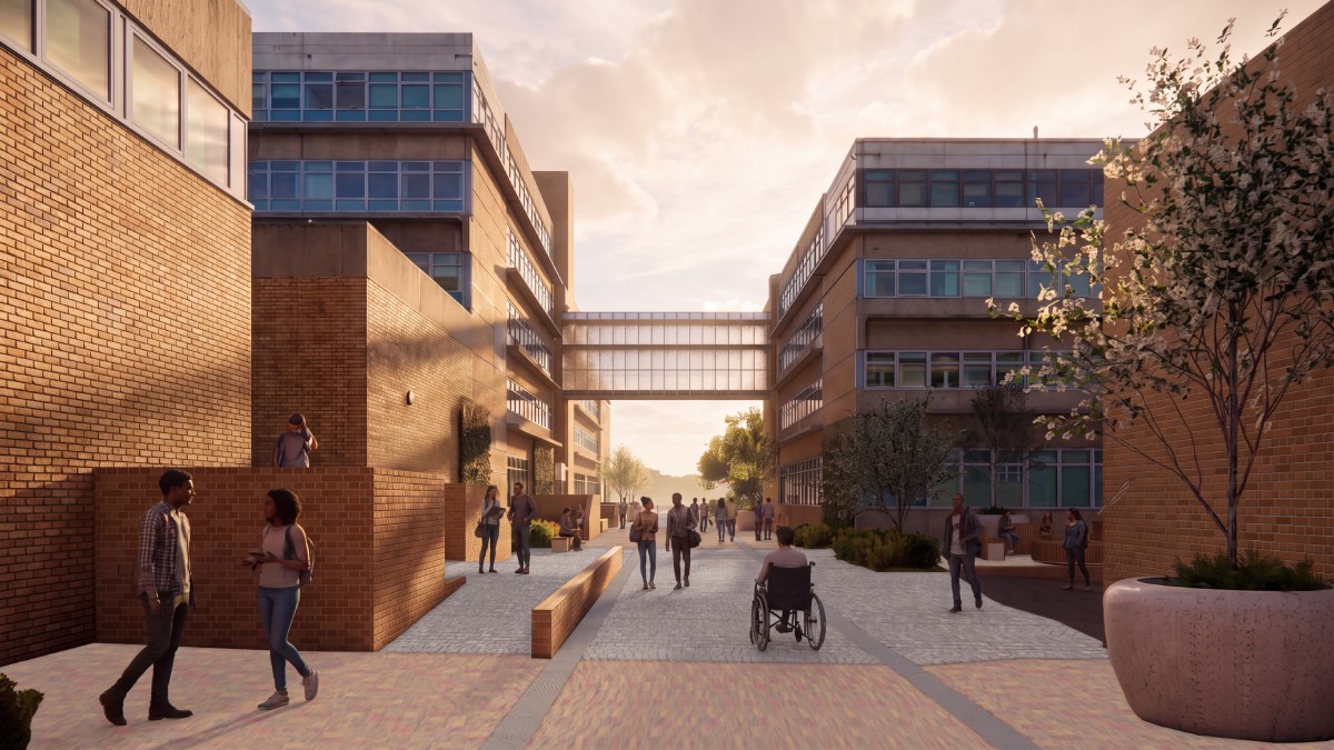 Computer-generated image of a university campus walkway with level access, people travelling through the space, landscaped planting, brick and glass buildings, and an overhead connecting bridge.