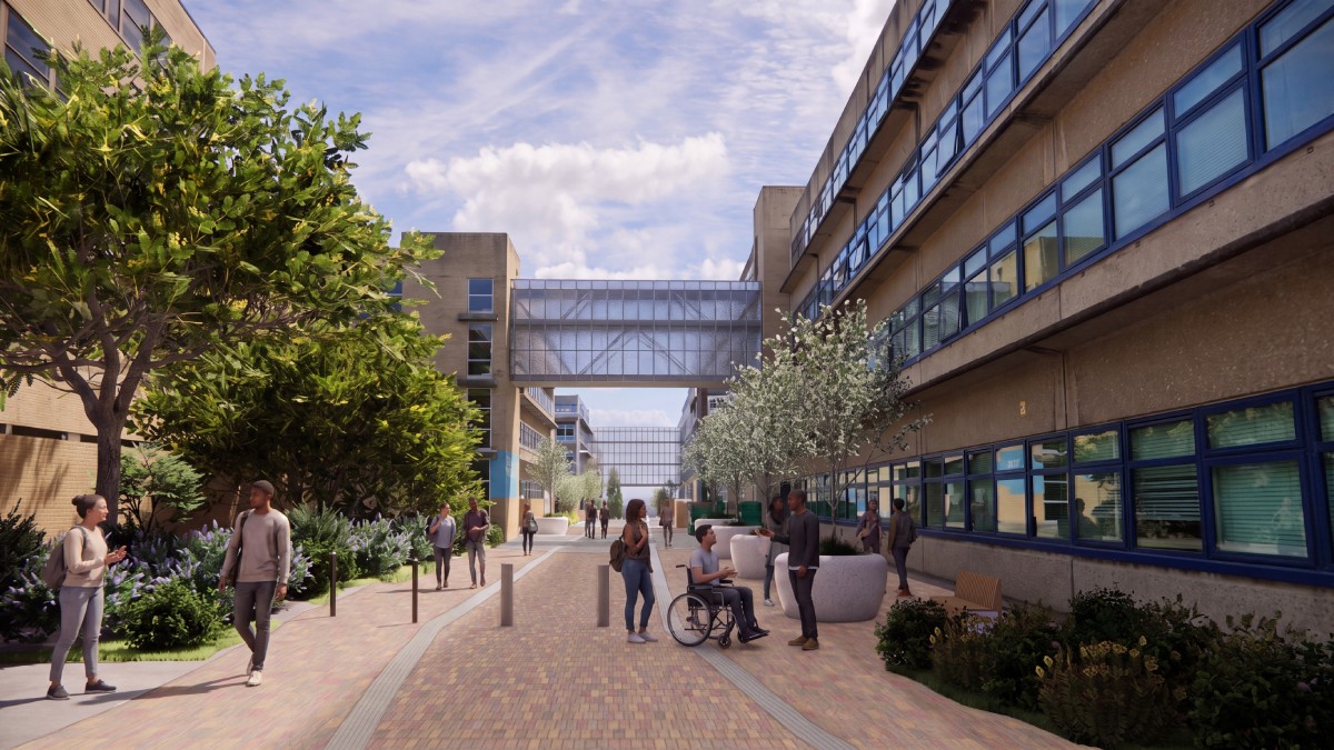 Computer-generated image of a university campus pedestrian walkway with level access, landscaped gardens, building link bridges, and people walking, meeting, and travelling through an accessible outdoor environment.