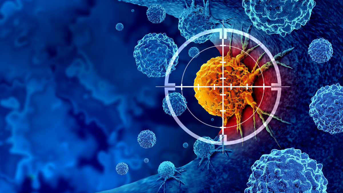 Graphic showing a yellow cancer cell in a cross hair on a blue background